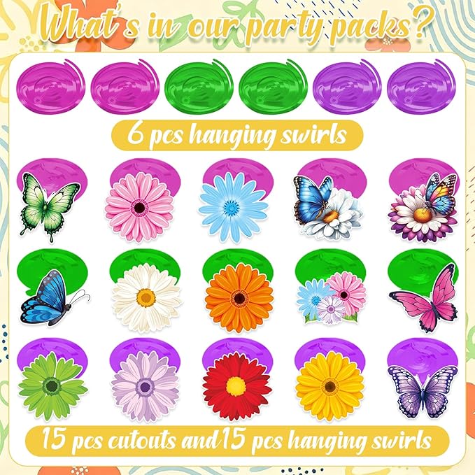 Flower Hanging Swirl Decorations - 36 Pcs Spring Floral Butterflies Ceiling Hanging Streamers for Spring Summer Garden Office Classroom Decorations Supplies