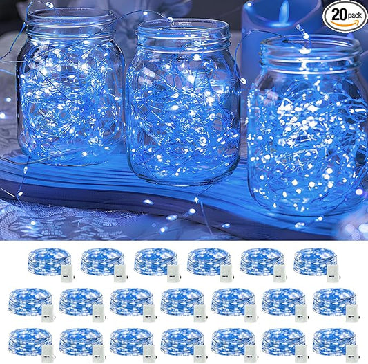 20 Pack LED Fairy Lights Battery Operated,3 Features Blinking Slowly Blinking & just on 7FT 20 LED Waterproof Mini Twinkle String Lights for Wedding Mason Jars Party Christmas Decorations,Blue