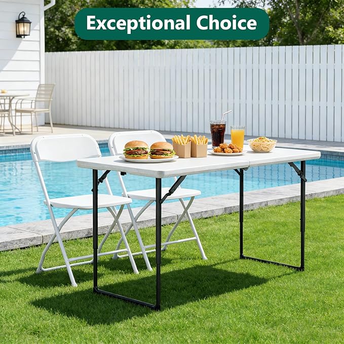 4ft Folding Table with Adjustable Height, Heavy Duty Fold-in-Half Plastic Table with Steel Legs, Portable for Indoor, Outdoor, Picnic, Camping, Dining, Party, White