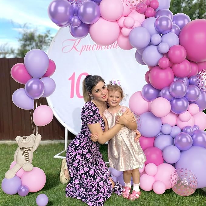 Amandir 153Pcs Pink Purple Balloons Arch Garland Kit Different Sizes 18 12 10 5inch Latex Pink Metallic Light Purple Rose Red Confetti Balloon Mother Butterfly Shower Bridal Birthday Party Decorations