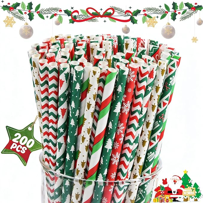 Haundry 200 Christmas Paper Straws, 8 Styles Red Green White Gold Biodegradable Party Drinking Straws with Stripe, Wave, Christmas Tree Snowflake Design Decorations Supplies (color-200)