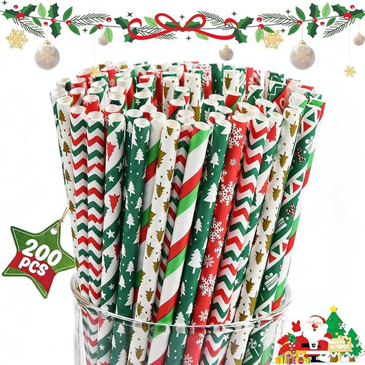 Haundry 200 Christmas Paper Straws, 8 Styles Red Green White Gold Biodegradable Party Drinking Straws with Stripe, Wave, Christmas Tree Snowflake Design Decorations Supplies (color-200)