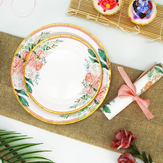 Boosolo Floral Party Supplies - Paper Plates and Napkins Sets for 50 Guests - Include Floral Party Disposable Paper Dinner Plates, Napkins for Baby or Bridal Shower, Birthday, Wedding