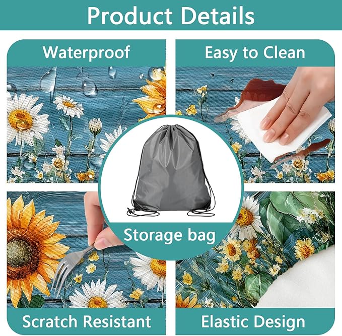 Picnic Table Cover with Bench Covers, Waterproof Elastic Fitted Tablecloths for 6 Foot Rectangle Tables, Outdoor Washable Sunflower Wooden Tablecloth for Camping 30X96in