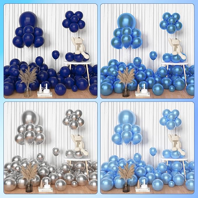 Amandir 153pcs Blue and Silver Balloon Garland Arch Kit, Different Sizes 18 12 10 5 inch Royal Navy Blue Latex Metallic Confetti Balloons for Graduation Wedding Shower Birthday Party Decorations