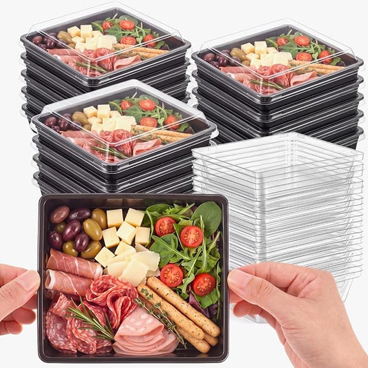 Shellwei 50 Pack Mini Catering Trays with Lid 5.5 x 5 Inch Plastic Serving Tray with Lids, Disposable Catering Boxes for Cake Slice, Cookies, Desserts, Serving Platters Containers for Travel Party