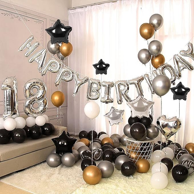 CANREVEL Happy Birthday Banner 13pcs 16 Inch Mylar Foil Letters with 12pcs Star Balloons Birthday Party Decorations for Kids and Adults - 3D Silver