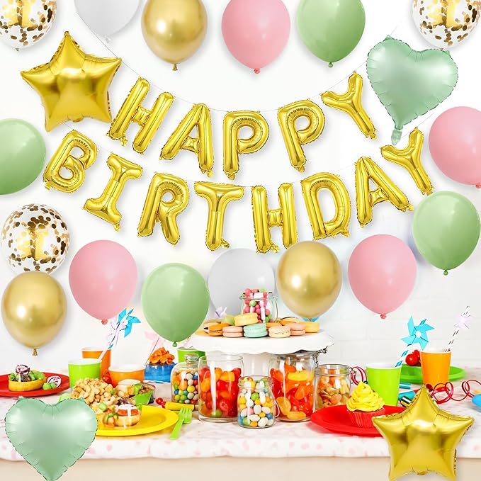Sage Green and Dusty Pink Birthday Decorations for Girls,Green and Pink Balloons Gold Happy Birthdays Balloon Banner Confetti Balloons for Women Girls Adults Birthday Baby Shower Party Decorations