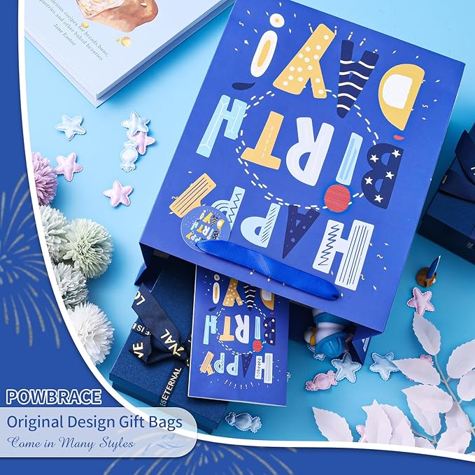 Powbrace 13" Blue Happy Birthday Bag with Tissue Paper and Greeting Card for Party,Happy Birthday Gift Bag for Boys, Girls, Kids, Men Women,Gift Bags Medium size (2 PCS Blue, Gift Bag)