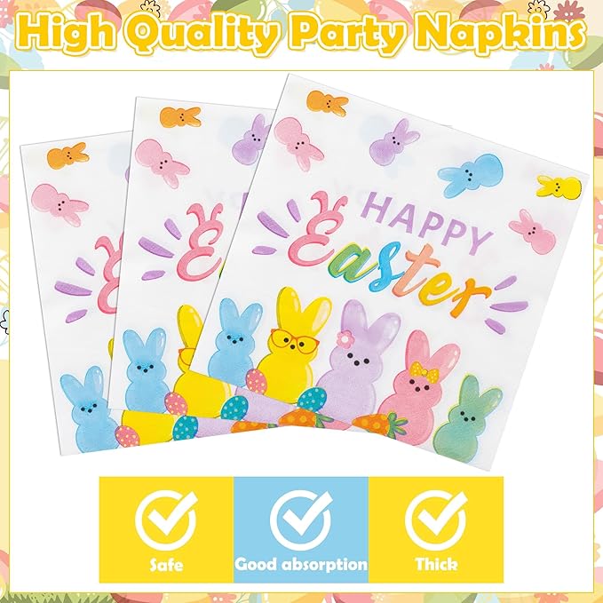Easter Bunny Happy Easter Rabbits Party Plates Supplies - Serves 24-96Pcs Party Tableware Decorations Disposable Paper Plates Napkins Forks for Spring Birthday Baby Shower