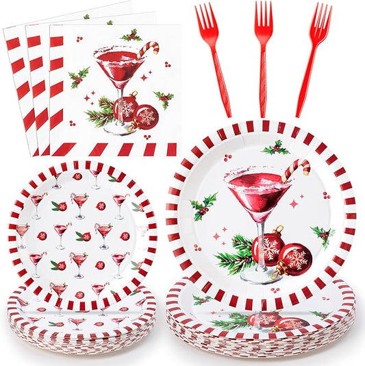 Christmas Cocktail Xmas Martini Cocktail Candy Cane Party Plate Supplies - Serves 24-96Pcs Party Tableware Decoration Disposable Paper Plate Napkin Fork for Winter Holiday Birthday