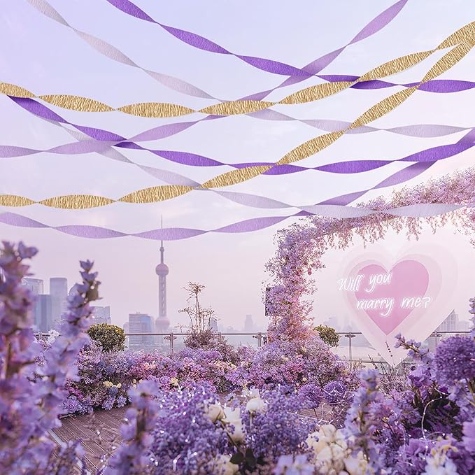Purple Gold Party Decorations, 8 Rolls Purple Gold Crepe Paper Streamers, for Birthday Anniversary Bridal Shower Wedding Lavender Graduation Mardi Gras Decorations, 1.8 Inch x 82 Ft/Roll