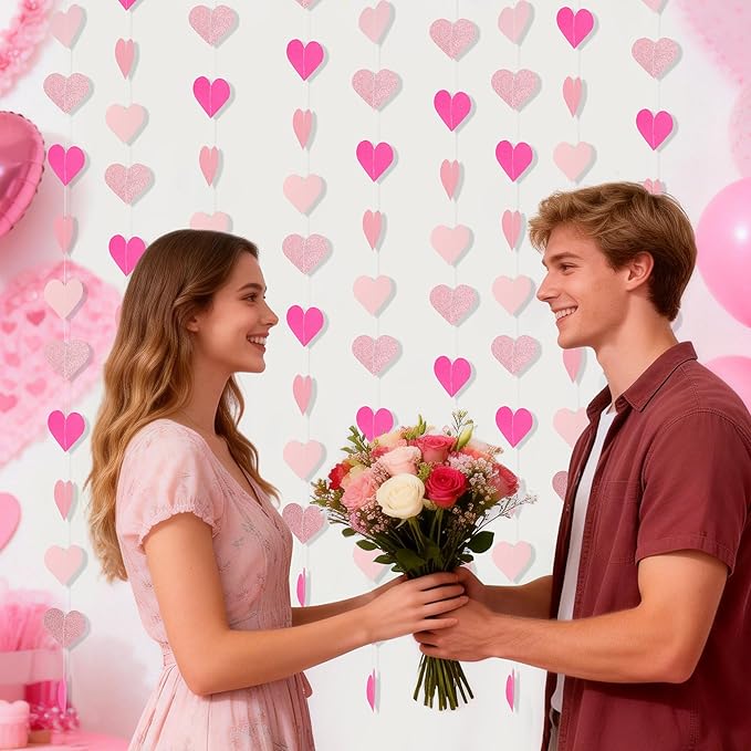 40 Feet Hot Pink Birthday Banner Streamers Heart Valentines Day Garland Paper Banner Hanging Party Supplies, Special Hanging Party Wedding Bachelorette Engagement Baby Shower Decorations