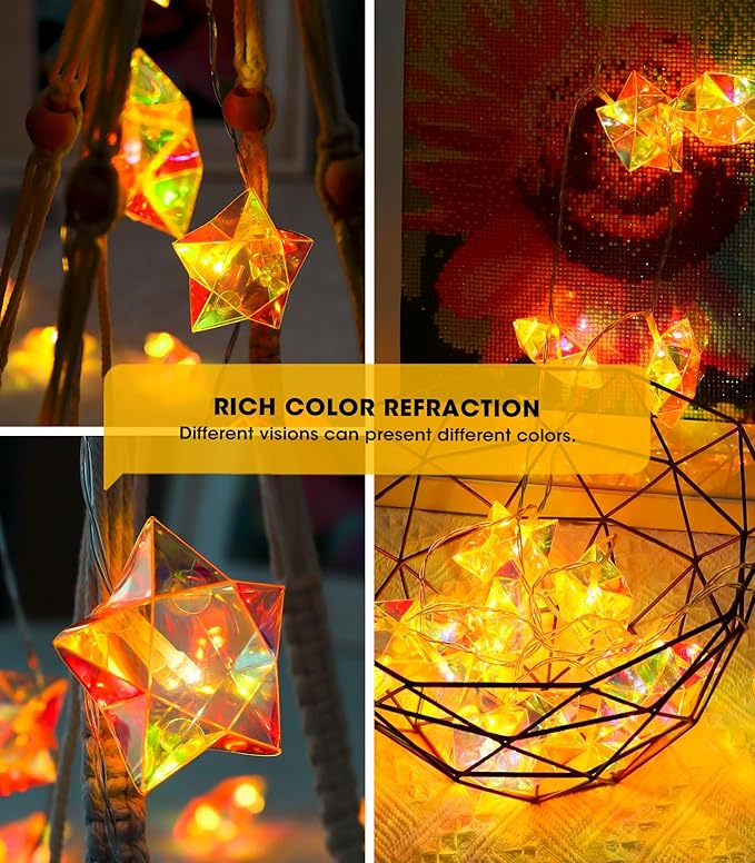 AceList 10ft 20-LED Holographic Star String Lights – Perfect for Home Decor, Intimate Gatherings, Seasonal Celebrations, Christmas Gifts, Halloween, Birthday Decorations(Warm White)