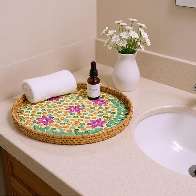 Round Rattan Tray with Mother of Pearl Inlay, Handwoven Wicker Coffee Table Serving Basket Tray for Fruit Snack Party Picnic Cafe Bedroom Kitchen Home Decor Set of 2 (Purple Blossom Dot)