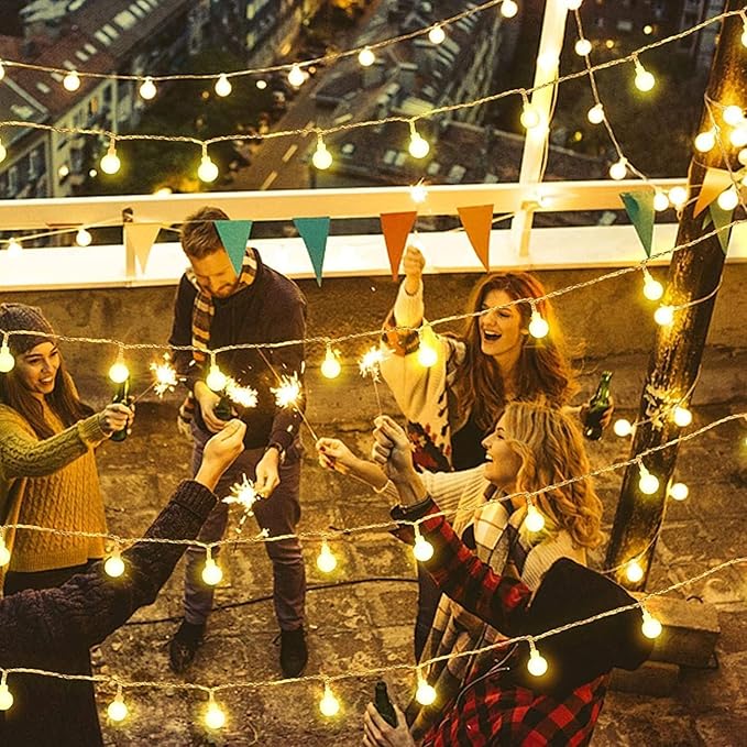 RaThun 49.2ft Globe String Lights with 16ft Extended Lead & Stable Remote - 100 LED Warm White, 8 Distinct Modes, IP44 Waterproof, UL Certified, Linkable for Indoor Outdoor Wedding Party Decor