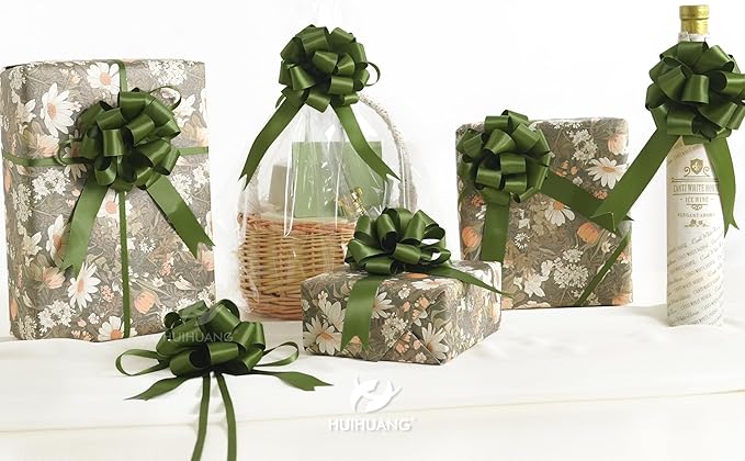 HUIHUANG Green Bows for Gift Wrapping 12 PCS Moss Green Pull Bows 4" x 8" Satin Gift Bow for Presents, Gift Basket, Paper Bag, Wrapping Accessories, Baby Shower Favors, Wedding Christmas Decor