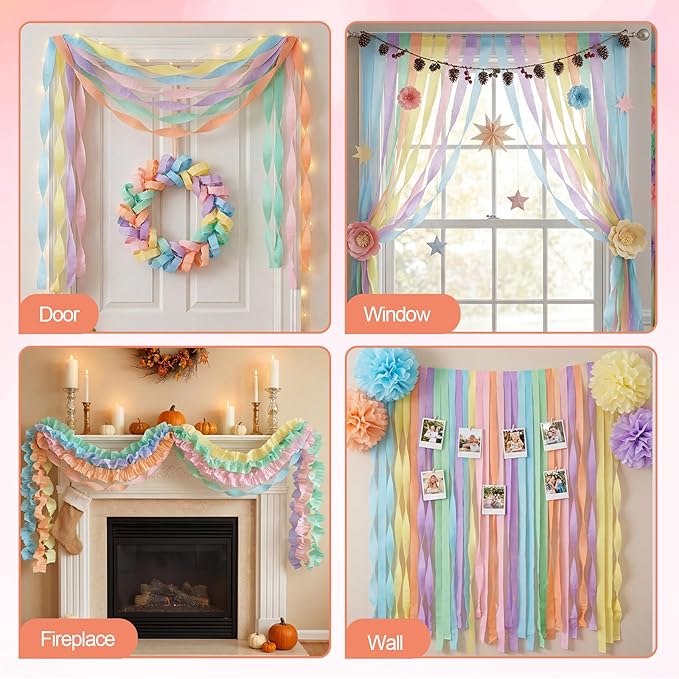 Pastel Crepe Paper Streamers 9 Rolls 738ft,Fancy Streamers Party Decorations for Birthday Wedding Baby Shower Bride Shower Holiday Decorations DIY Gift Wrapping, 1.77 Inch x 82 Ft/Roll