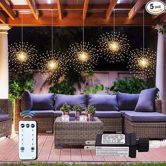 PXBNIUYA 5 Pack 1000LED Plug in Starburst Sphere Lights,Firework Light 8 Modes Dimmable Remote Control Waterproof Hanging Copper Wire Fairy Light for Patio Party Tent Christmas (Warm White)
