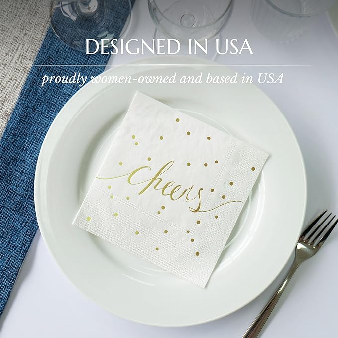 White and Gold Cocktail Napkins - Pack of 50 Disposable Bar Napkins - Wedding Baby Shower Birthday Graduation Dessert - 3 Ply - By Simple-Glee