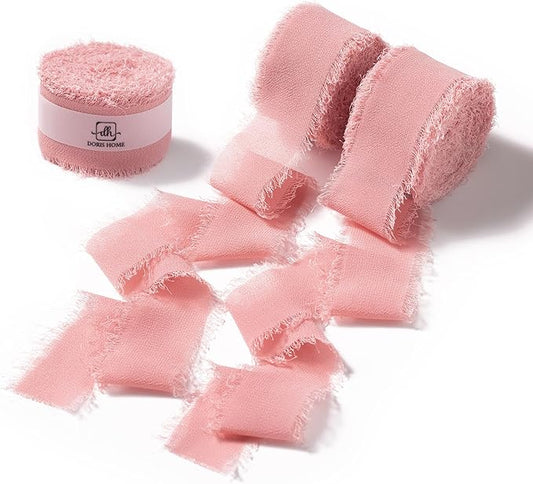 DORIS HOME Dusty Rose Chiffon Ribbon for Flower Bouquet, 1" x21Yd Fabric Ribbon for Gift Wrapping, Handmade Frayed Ribbon for Wedding Invitations/Christmas Decorations