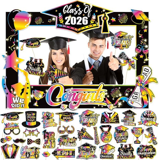 31 Pack Graduation Photo Booth Props 2026, Colorful Graduation Photo Booth Frame Congrats Grad Photo Booth Props for Class of 2026 Grad Party Supplies