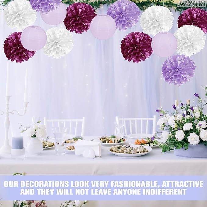16 Pcs Purple Tissue Paper Pom Poms Set – Purple Decorations for Party with Pom Poms, Flowers & Lanterns – Elegant Reusable Decor with Soft Lavender Tones for Weddings, Events & Party Decorations