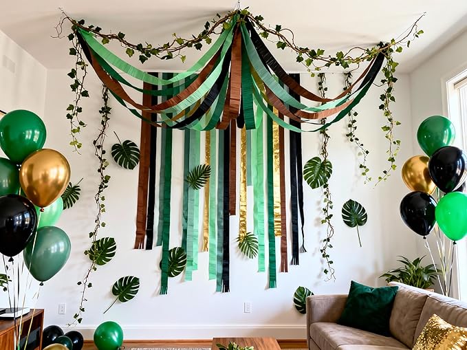 Green Jungle Backdrop Crepe Paper Streamers 492ft Birthday Fringe Party Curtain for Banner, Party Group Photo Background for Camp, Jungle Safari, Big Foot, Woodland Theme