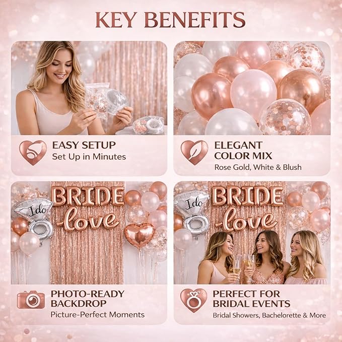 Rose Gold Bridal Shower Decorations Kit (32 PCS) for Bride to Be – BRIDE and Love Balloons, I Do Ring, Heart Balloons, Confetti & Latex Balloons, Backdrop Curtain for Bridal & Bachelorette Party