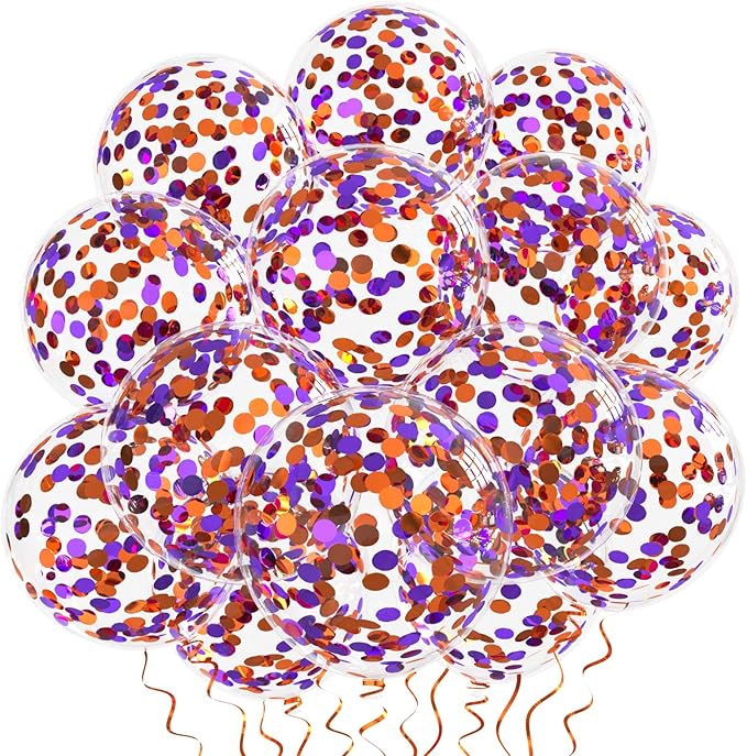 Orange Purple Confetti Balloons 25 Pcs, 12 Inch Thickened Clear Latex Balloon with Confetti Inside for Halloween Party Decorations Birthday Baby Shower Bridal Shower Decoration Supplies