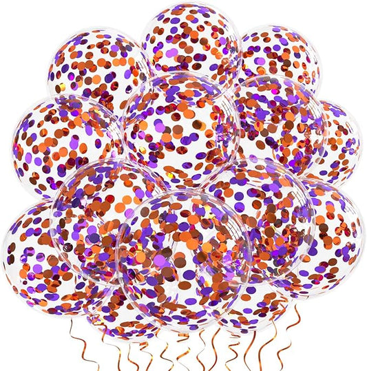 Orange Purple Confetti Balloons 25 Pcs, 12 Inch Thickened Clear Latex Balloon with Confetti Inside for Halloween Party Decorations Birthday Baby Shower Bridal Shower Decoration Supplies