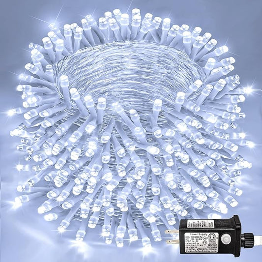 600 LED White Christmas Lights Outdoor 197ft 8 Modes White Christmas String Lights Clear Wire, Plug in Twinkle Fairy Lights for Bedroom Wedding Christmas Tree Decorations