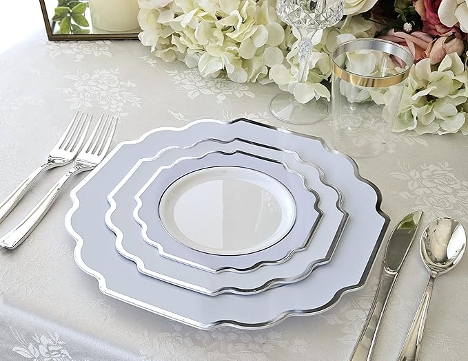 " OCCASIONS " 80 Plates Pack,(40 Guests) Heavyweight Premium Wedding Party Disposable Plastic Plates Set -40 x 10.5'' Dinner + 40 x 8'' Salad/Dessert (Imperial in White/Blue & Silver)