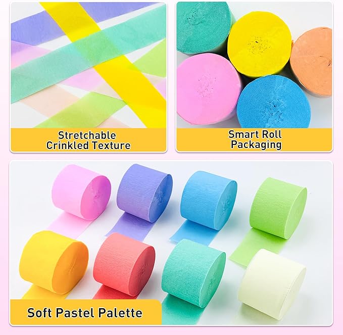 10 Rolls Crepe Paper Streamers, 5 Colors Pastel Streamers Party Decorations for Birthday, Baby Shower, Wedding, Bachelorette, Rainbow Party Backdrop, Kids DIY Crafts