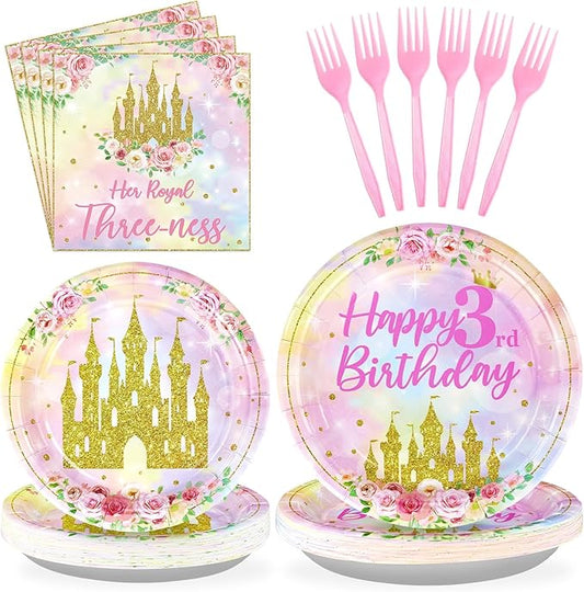 96 Pcs Princess 3rd Birthday Party Supplies Her Royal Threeness Party Plates and Napkins Watercolor Pastel Rainbow Castle Party Decorations for Girls Princess Three Years old Birthday Party Serves 24
