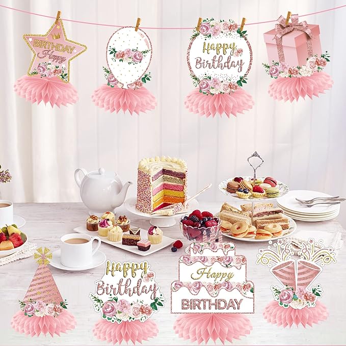 Aodocuto Pink Rose Gold Birthday Decorations Floral Honeycomb Centerpieces for Women Girls, 8pcs Floral Birthday Table Centerpiece Party Supplies, 16th 18th 21th 30th 40th 50th 60th Bday Table Topper