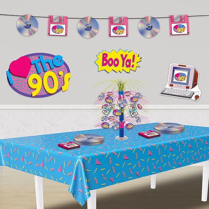 Beistle CD & Floppy Disk Streamers – 2 Pack Hanging 90s Theme Garland Decorations with Black Ribbon, Retro Party Backdrop for Birthdays, Throwback Nights and Photo Booth Displays, 7" x 5'