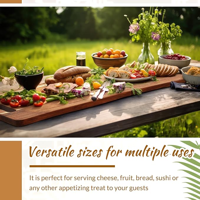 FoldTier Large Acacia Charcuterie Board with Handles 33 x 12 Inch Extra Large Christmas Wood Foldable Serving Tray Rectangular Appetizers Cheese Food Meat Board for New Home Party Housewarming Gifts