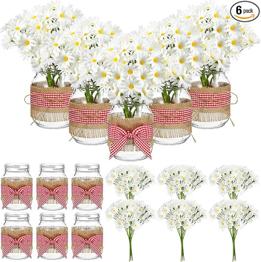 Daifunli 6 Set Picnic Party Centerpieces for Table Mason Jar Table Decor with Artificial Flowers Red Gingham Ribbon for Picnic Birthday Party BBQ Baby Shower Wedding (6,Daisy)