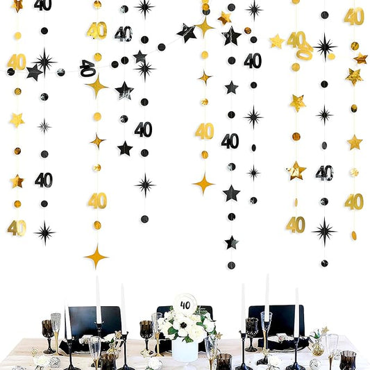 Black Gold 40th Birthday Decorations Number 40 Circle Dot Twinkle Star Garland Streamer Bunting Banner Backdrop for Women Mens Cheers to 40 Years Old Birthday Happy 40th Anniversary Party Supplies
