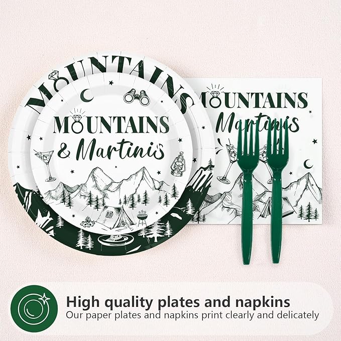 96Pcs Camp Bachelorette Decorations Green Tiny Bit Bridal Shower Plates and Napkins Mountains and Martinis Tableware Set for Camp Wedding Engagement Bachelorette Party Supplies, Serves 24