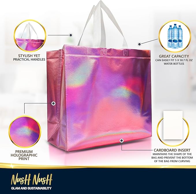 Nush Nush Large Pink Iridescent Gift Bags in Bulk – Set of 30 Holographic Pink Gift Bag With Handles - For Small Business, Birthday, Christmas, Goodie, Gifting, Party Favors - 13 "x 5" x 11" Size