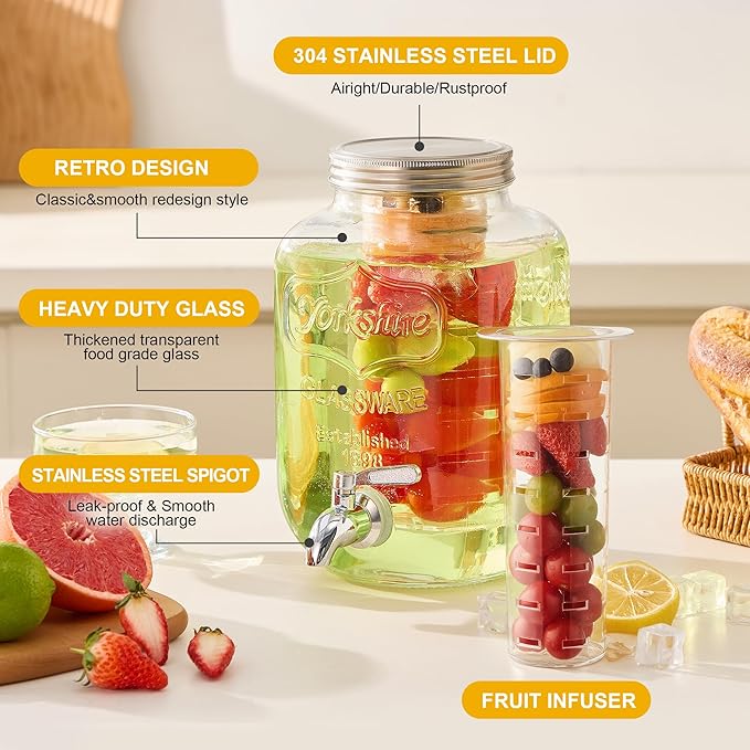 1 Gallon Glass Beverage Dispenser -Set of 2, Drink Dispenser with Stand & Fruit Infuser, Stainless Steel Spigot - Glass Drink Dispensers for Parties, Drink Dispensers with Lids for Lemonade Sun Tea