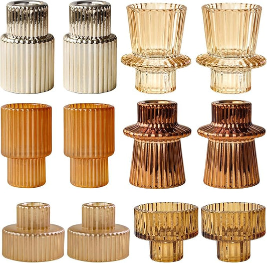 Gold Candlestick Holders 12PCS Ribbed Glass Taper Candle Holders Set for Tealight Candlestick Candles, Table Centerpieces for Thanksgiving Christmas Farmhouse Decor Indoor and Outdoor