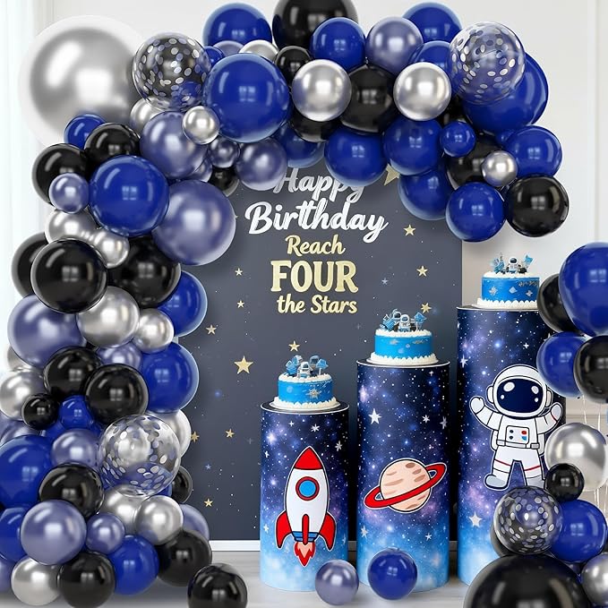 Amandir 153pcs Blue and Black Balloons Arch Garland Kit Different Sizes 18 12 10 5inch Metallic Silver Royal Dark Navy Blue Latex Confetti Graduation Balloon Birthday Space Retirement Party Supplies