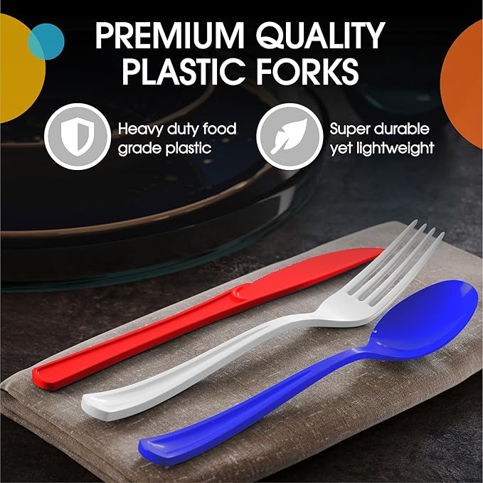 Party Solids Patriotic Plastic Silverware Heavy Duty 150 Pieces Patriotic Plastic Cutlery Sets, Utensil Sets, 50 Of Each Forks, Knives & Spoons Disposable Cutlery Set, Flatware Set For Party Supplies