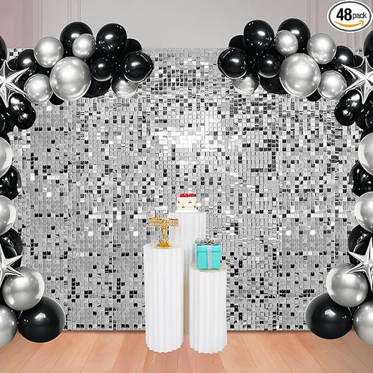 48 Pcs Silver Shimmer Wall Backdrop for Birthday Decorations, 8x6 FT Dynamic Square Sequin Wall Backdrop for Wedding Graduation Disco Engagement Party Proms Anniversary Decor