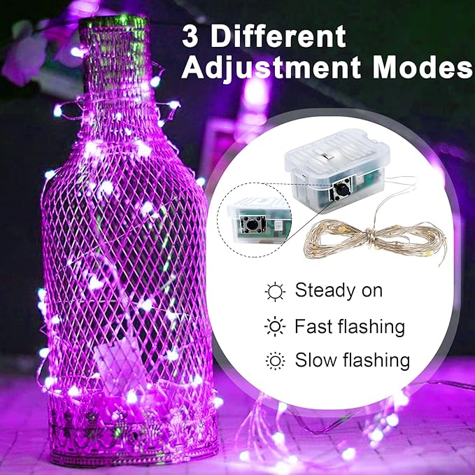pozzolanas 24 Pack Pink Fairy Lights Battery Operated 3 Modes 7FT 20 LED Waterproof String Lights Twinkle Silver Wire for Mason Jars Wedding Christmas Halloween Party Decor (24, Pink)