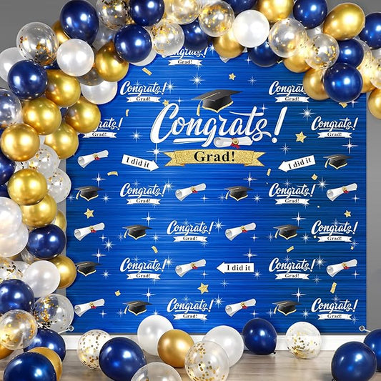 Graduation Party Decorations Including Congrats Grad Photography Backdrop Banner Balloons Garland Arch Kit for Adults Kids Grad Party Decoration Supplies (Navy Blue and Gold)