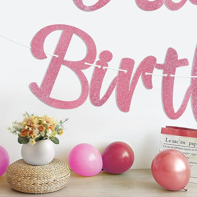 Pre-Strung Happy Birthday Banner, NO DIY Birthday Decorations with Circle Dot Garland and Flowers, Happy Birthday Party Decorations for Women Girls (Pink)
